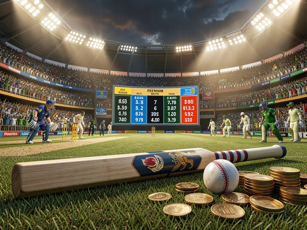 TK889 premium cricket betting scene featuring a cricket stadium filled with a crowd, a bat and ball in the foreground, digital odds graphics, and coins illuminated by dramatic lighting in a high detail 3D render