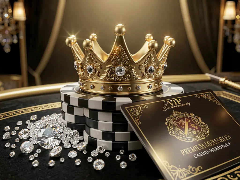 Elegant golden crown resting on poker chips with sparkling diamonds and a premium membership card against a luxury black and gold background, showcasing the exclusive high-end casino atmosphere of TK889 VIP casino rewards