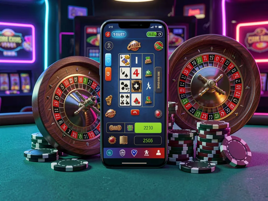 TK889 online casino platform concept with smartphone displaying glowing casino interface, surrounded by roulette wheel and poker chips on a premium neon background