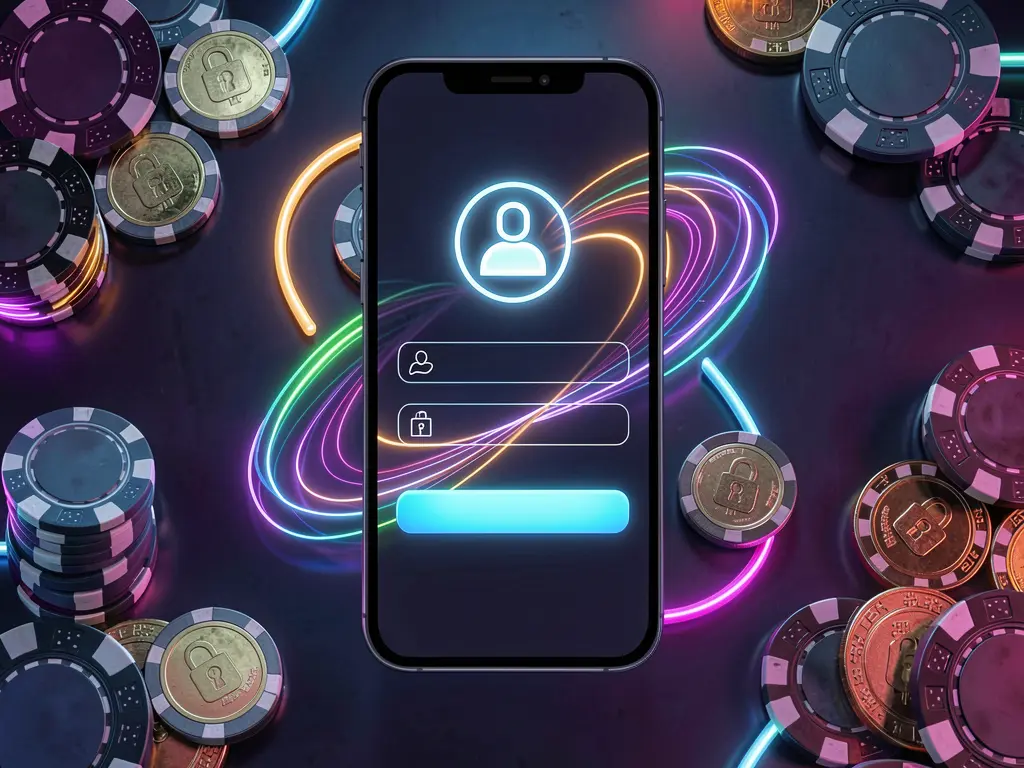 TK889 mobile gaming login page concept featuring a smartphone with an abstract login interface, user and lock icons, surrounded by casino chips and coins under luxury neon lighting