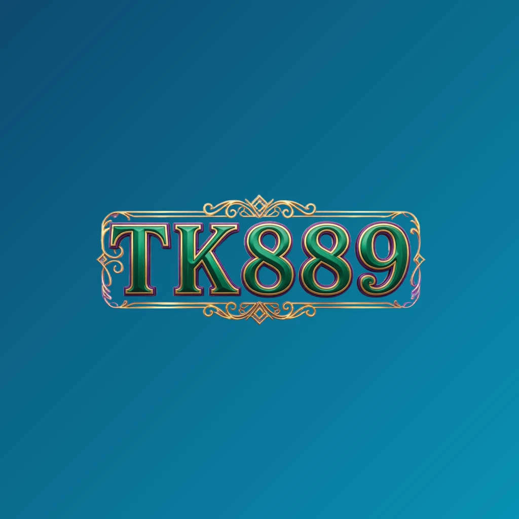 Luxury colorful logo for TK889 featuring bold serif typography in rich emerald, violet, and gold with elegant glowing ornaments on a transparent background